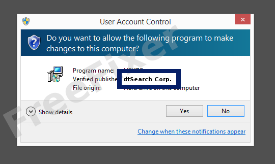 Screenshot where dtSearch Corp. appears as the verified publisher in the UAC dialog